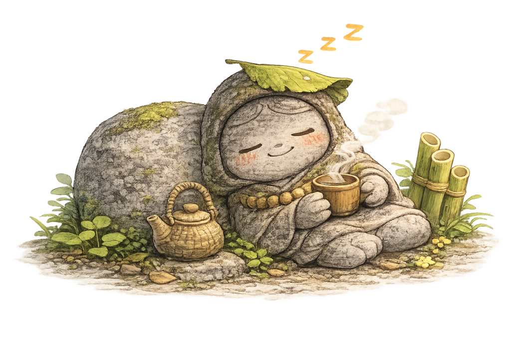 竹林のそばでお茶を飲みながら休憩するお地蔵様のイラスト