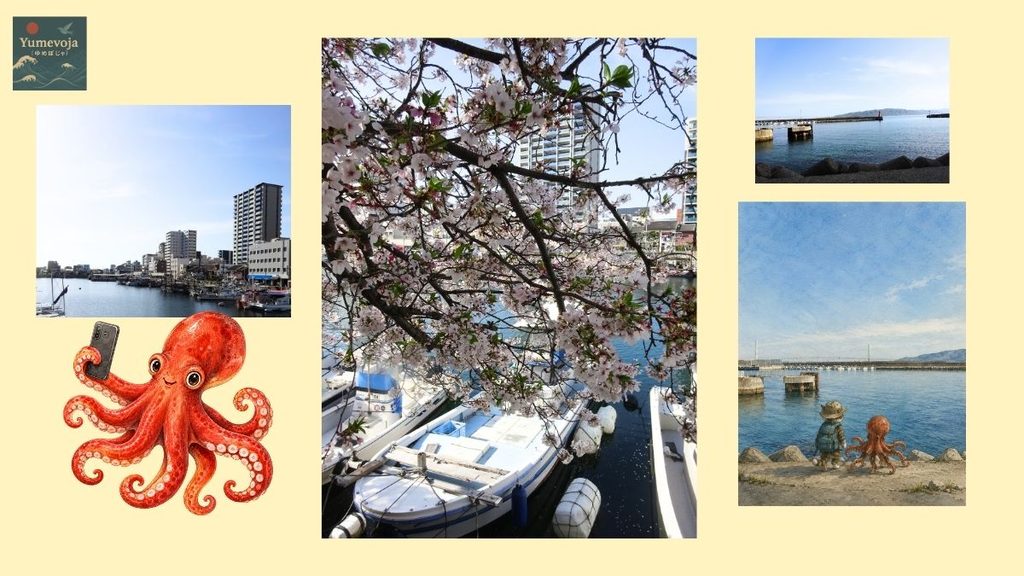 桜の枝越しに見える明石港の船、港沿いの建物、穏やかな海、旅する猫と蛸のイラストを組み合わせたコラージュ