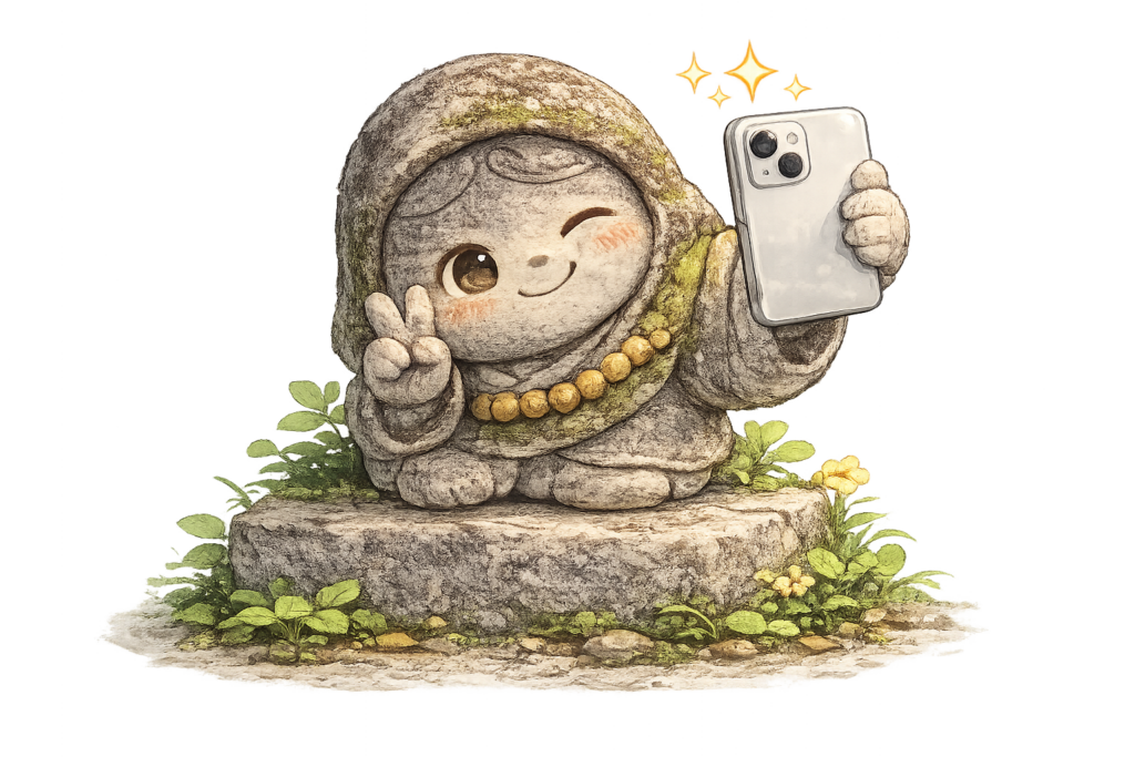 スマートフォンで記念撮影を楽しむかわいいお地蔵様のイラスト