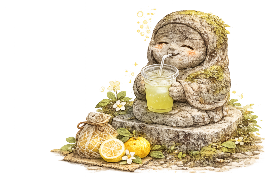 自家製柚子ジュースを飲んでくつろぐお地蔵様のイラスト