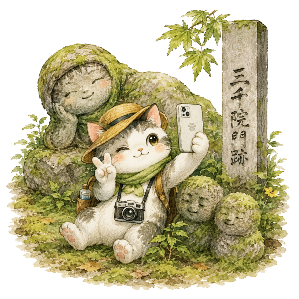 京都・三千院で自撮りを楽しむ旅する猫の水彩風イラスト