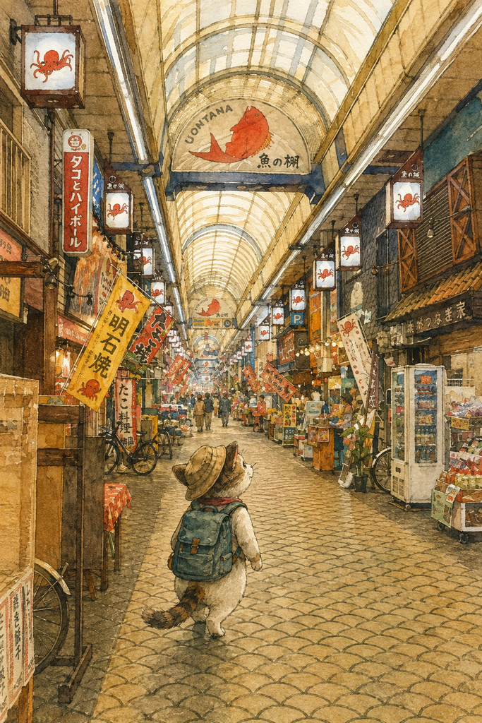 蛸の灯りが並ぶ明石の魚の棚商店街を、帽子とリュック姿で歩く旅する猫の水彩イラスト