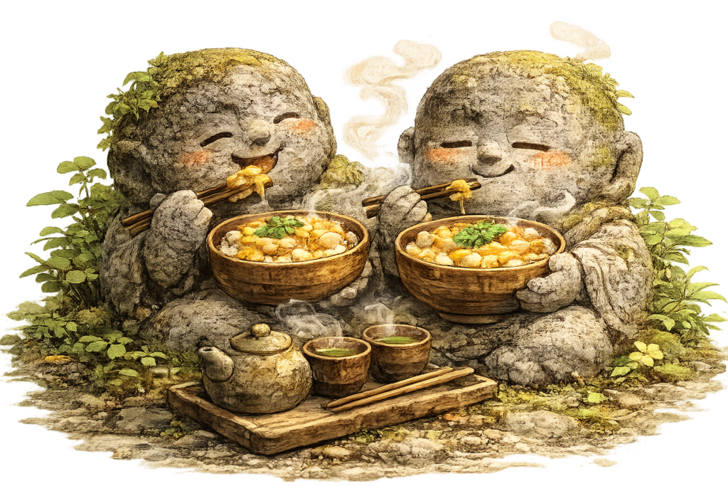 仲良く親子丼を味わうかわいいお地蔵様たちのイラスト