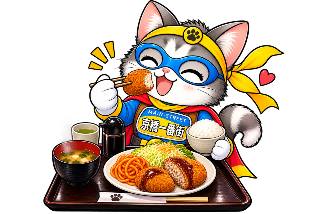 京橋でコロッケとメンチカツ、ご飯、味噌汁の定食をうれしそうに食べるヒーロー猫