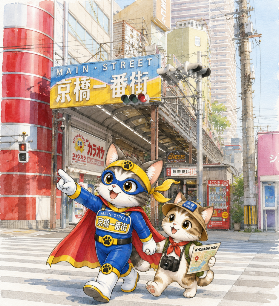 京橋一番街の入口を背景に、ヒーロー猫が旅する猫を案内する水彩画風イラスト