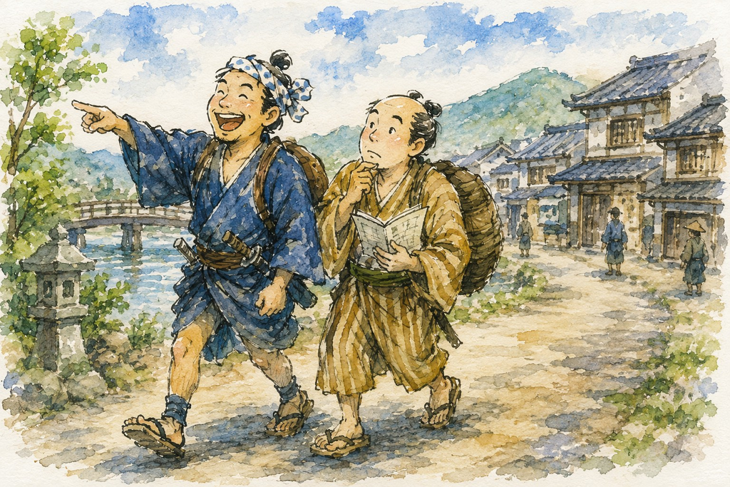 Illustration à l’aquarelle de Yaji-san et Kita-san, les deux voyageurs du Tōkaidōchū Hizakurige, marchant sur une route du Japon à l’époque d’Edo, entre maisons traditionnelles, rivière et montagnes.