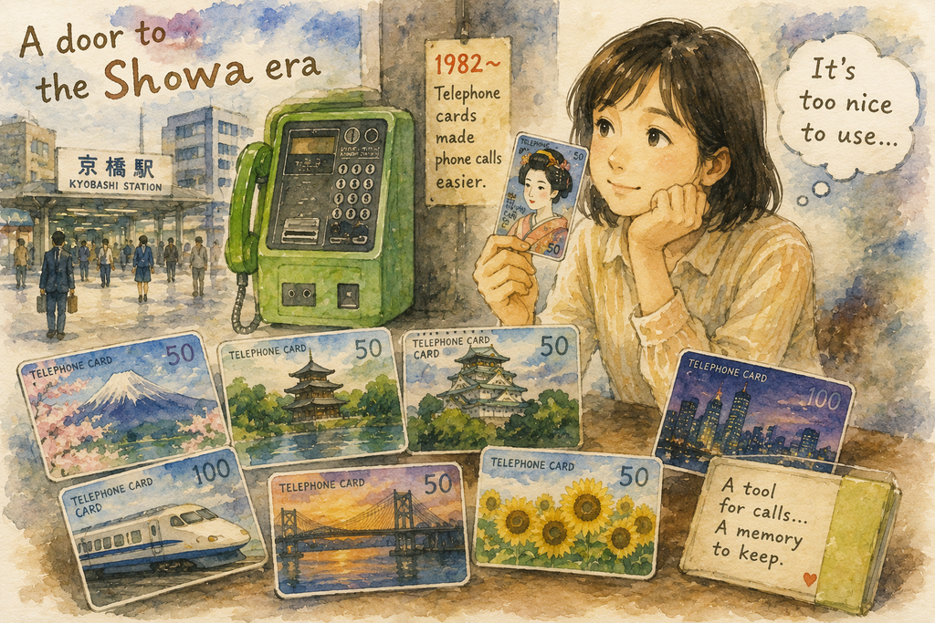 Watercolor illustration of a woman looking at collectible telephone cards beside a green public phone near a Japanese station in the Showa era