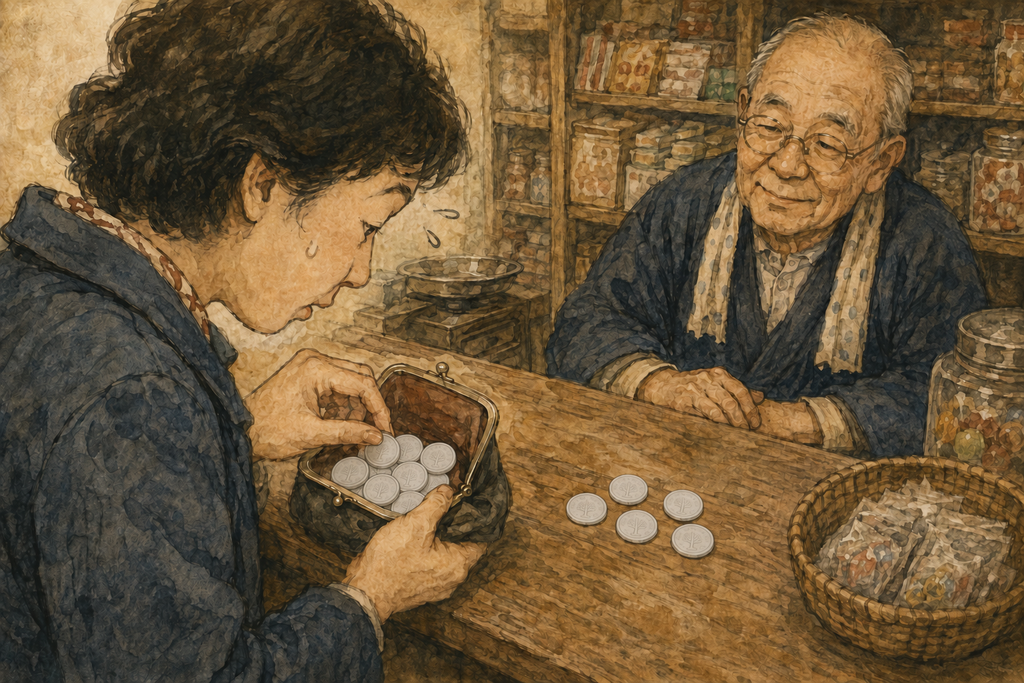 Rough watercolor illustration of a woman searching her coin purse for one-yen coins at a small neighborhood shop in Showa-era Japan.