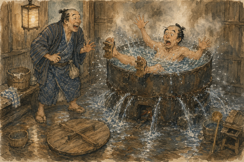 Illustration à l’aquarelle ancienne de Kita prenant un bain avec ses geta dans un goemon-buro, sous le regard amusé de Yaji, à l’époque d’Edo.