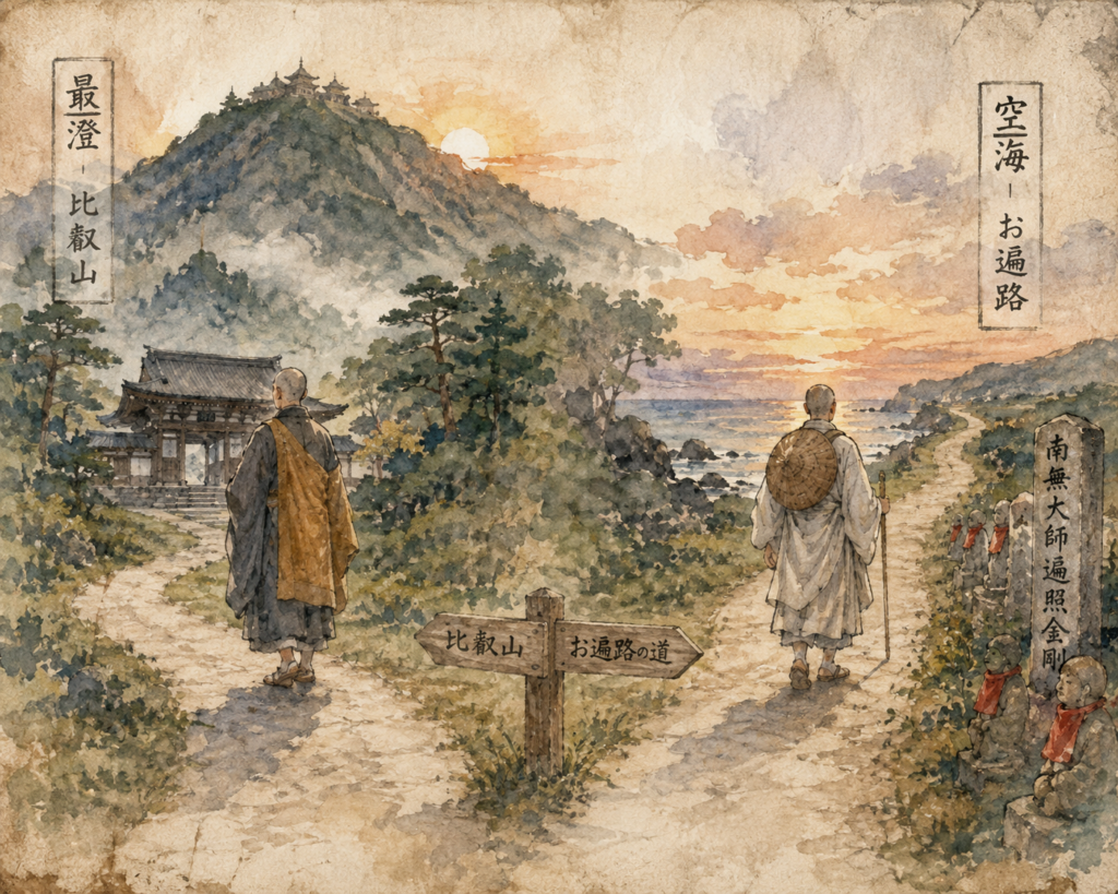 Illustration en style aquarelle ancien représentant deux grands maîtres du bouddhisme japonais : Saichō marchant vers le mont Hiei et Kūkai suivant le chemin du pèlerinage de Shikoku, symbolisant deux voies spirituelles qui inspirent encore les voyageurs d'aujourd'hui.
