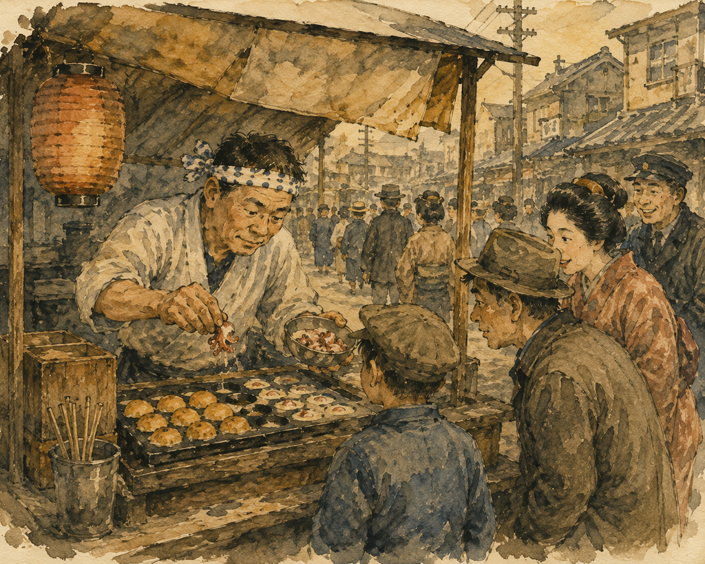 Watercolor illustration of a street vendor adding octopus to takoyaki on an iron griddle in early Showa-era Osaka.