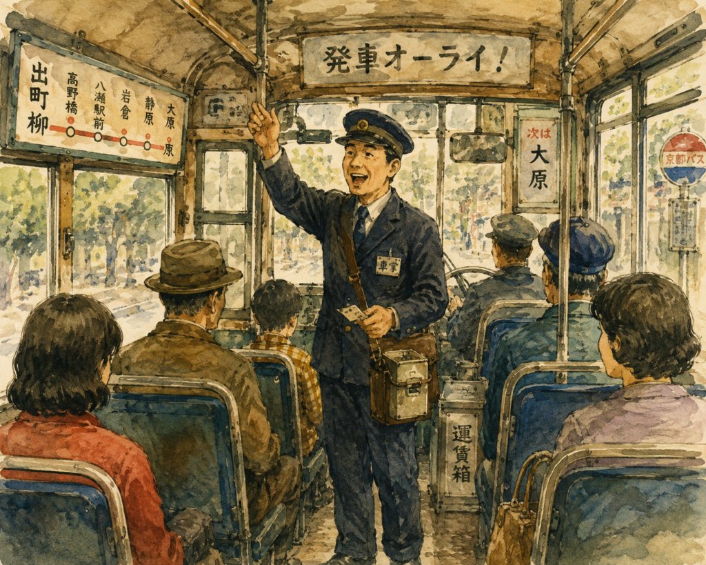 A vintage watercolor-style illustration of a Japanese Showa-era bus conductor calling "All clear to depart!" while guiding passengers. The scene captures the warm atmosphere of old Japanese buses, where conductors assisted travelers and supported the driver.