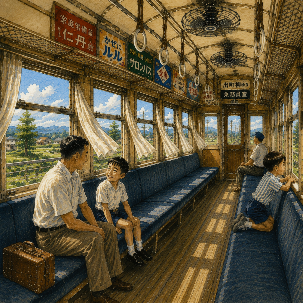 Watercolor illustration of a Showa-era Japanese train in summer, with open windows, bench seats, ceiling fans, hanging straps and vintage advertisements, as a child looks out at the passing countryside.