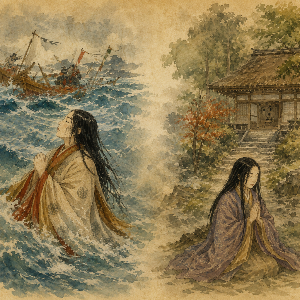 Illustration à l’aquarelle ancienne évoquant Kenreimon-in : sauvée des flots après la bataille de Dan-no-ura, puis retirée à Jakkō-in, à Ohara, où elle prie pour les défunts.