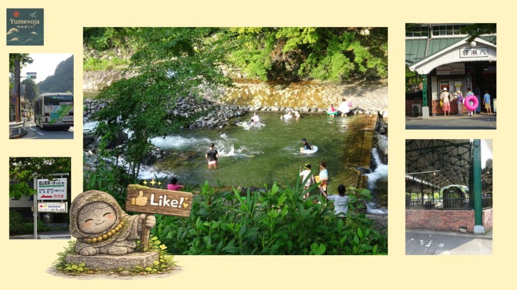 Collage of the bus from Ohara to Yase, people playing in the river and Yase-Hieizanguchi Station
