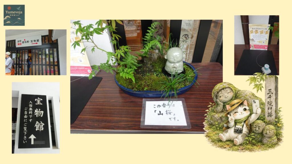 京都・三千院の宝物館や授与所を紹介するコラージュ。宝物館の案内、御朱印やお守り、館内の展示をまとめた画像。