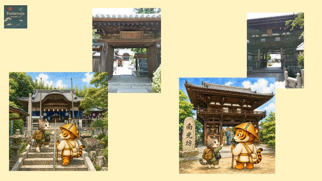 四国八十八ヶ所霊場54番札所・延命寺の本堂と山門、55番札所・南光坊の山門、旅する猫とお遍路虎のコラージュ