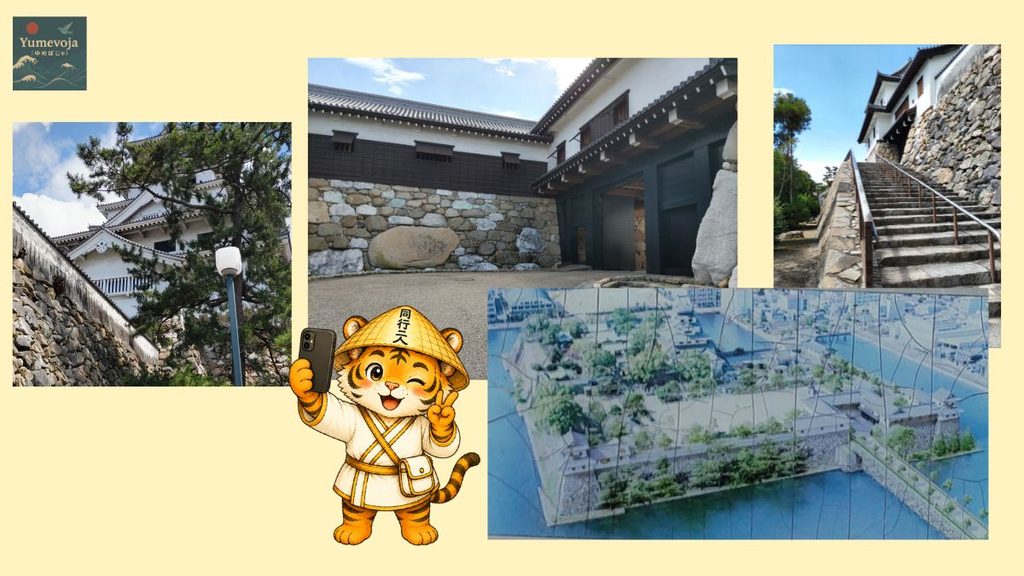 今治城の天守と石垣、城門、石段、海水を引き入れた堀を紹介する模型、自撮りするお遍路虎のコラージュ