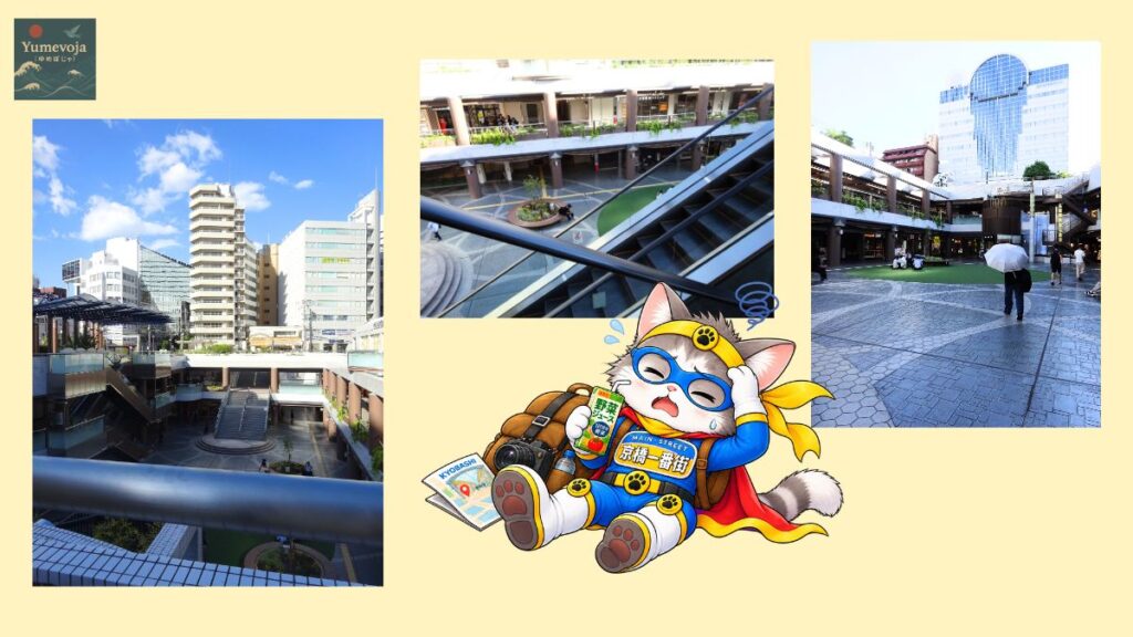 京橋の地下に広がるCOMS GARDENの吹き抜けや階段、周囲の建物を写したコラージュと、疲れて座り込むヒーロー猫