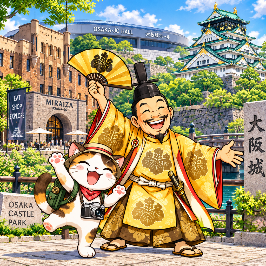Illustration of a smiling traveling cat and Toyotomi Hideyoshi with Osaka Castle, MIRAIZA Osaka-Jo and Osaka-Jo Hall in the background