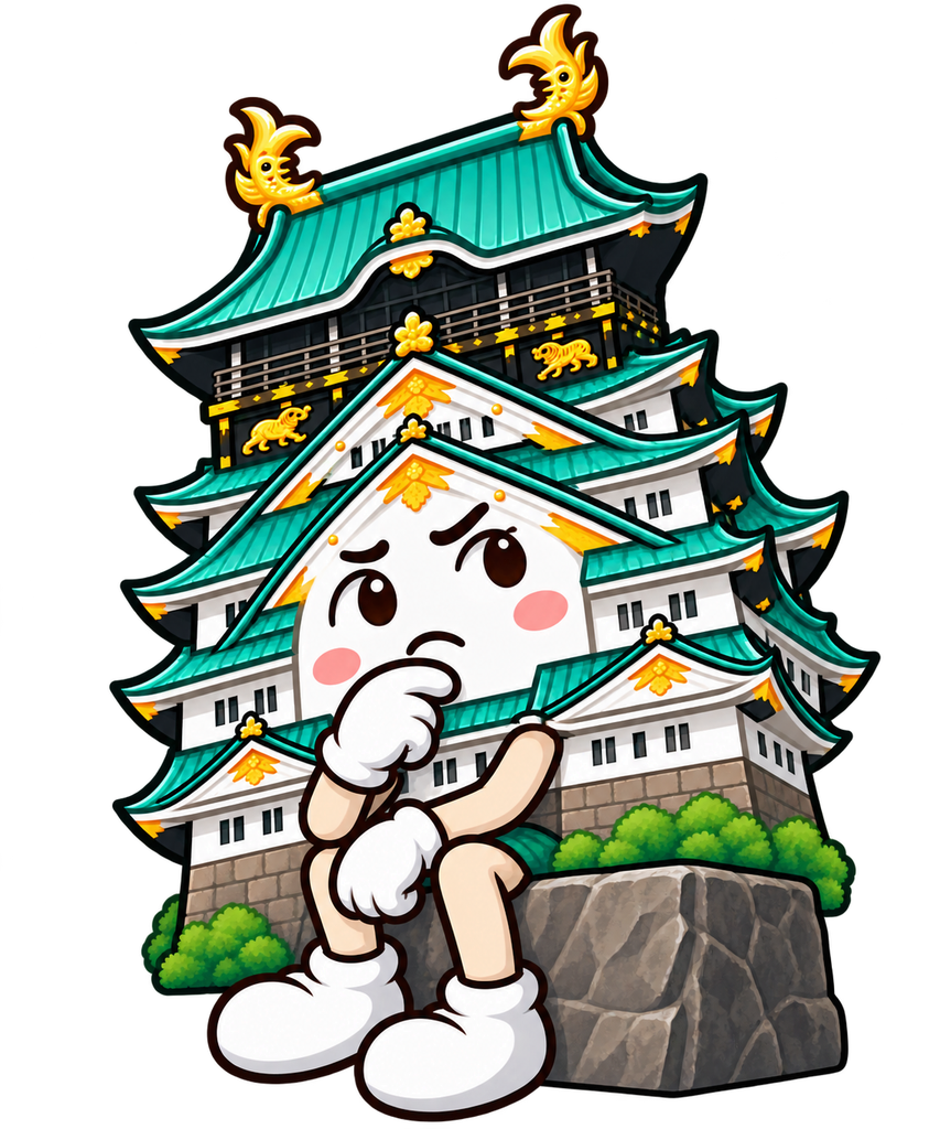 Transparent illustration of Osaka Castle sitting on a stone in a Thinker-like pose with one hand on its chin