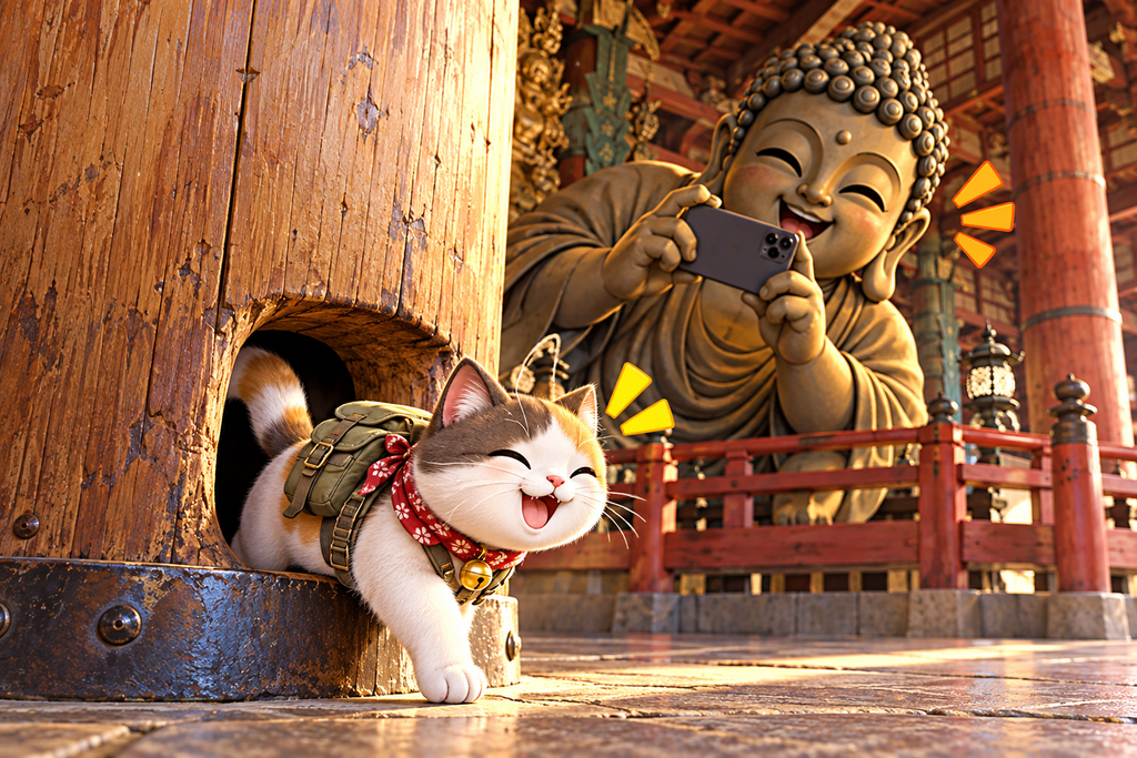奈良の大仏殿の柱をくぐる旅する猫を、笑顔でスマートフォン撮影する大仏さまのイラスト