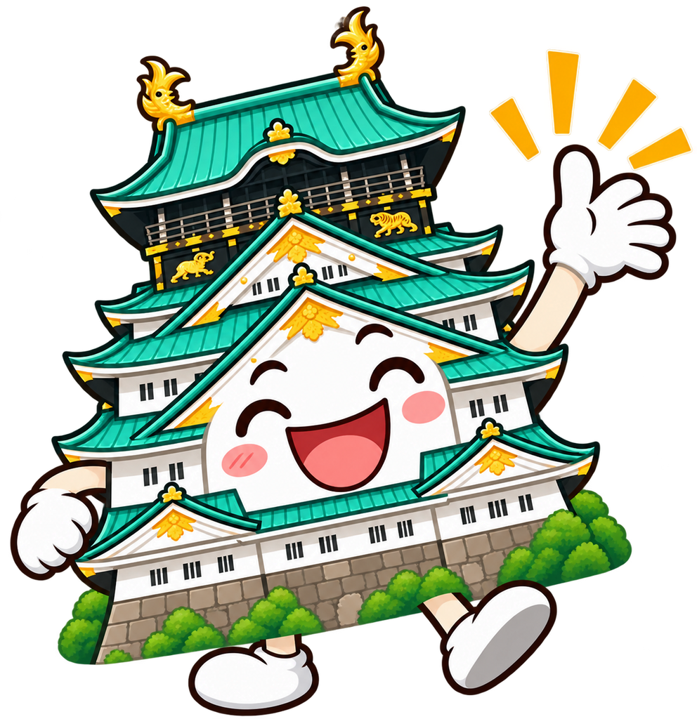 Transparent illustration of Osaka Castle smiling broadly and raising one hand in a cheerful pose