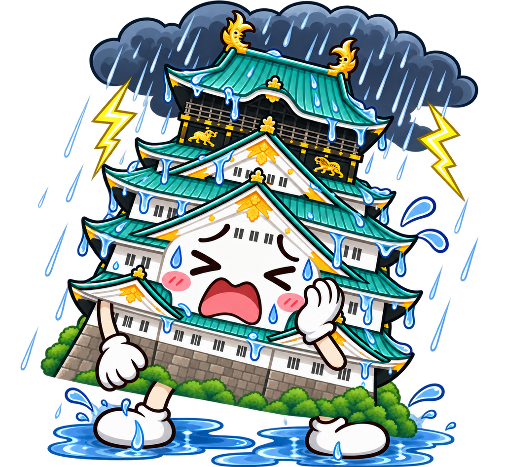 Transparent illustration of a worried Osaka Castle soaking wet in heavy rain and lightning with one hand on its cheek