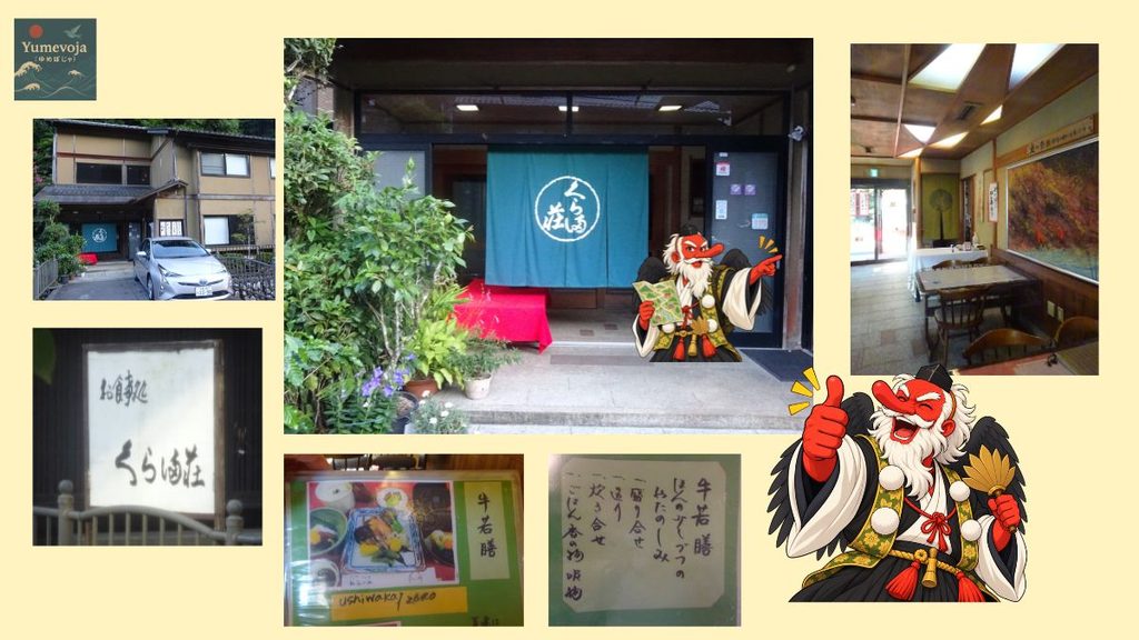 鞍馬の料理旅館・食事処くら満荘の外観、入口、店内と牛若膳のメニューをまとめたコラージュ