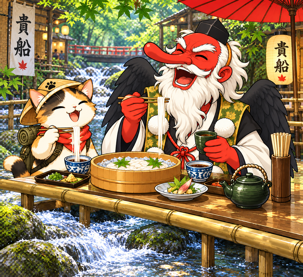 貴船の川床で、旅する猫と天狗が川の流れを眺めながらそうめんを食べるイラスト