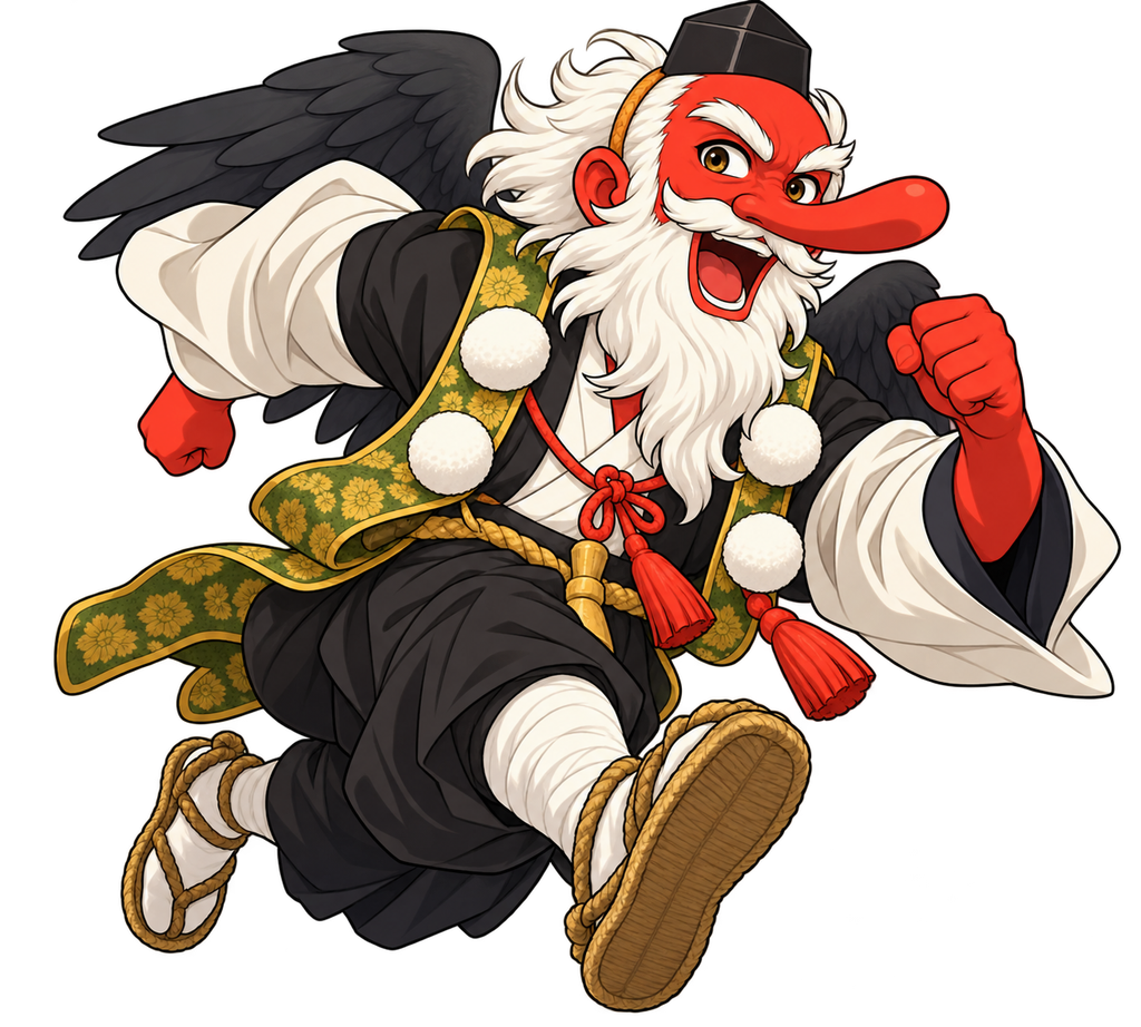 黒い翼を広げ、鞍馬山の山道を元気よく走る天狗のイラスト