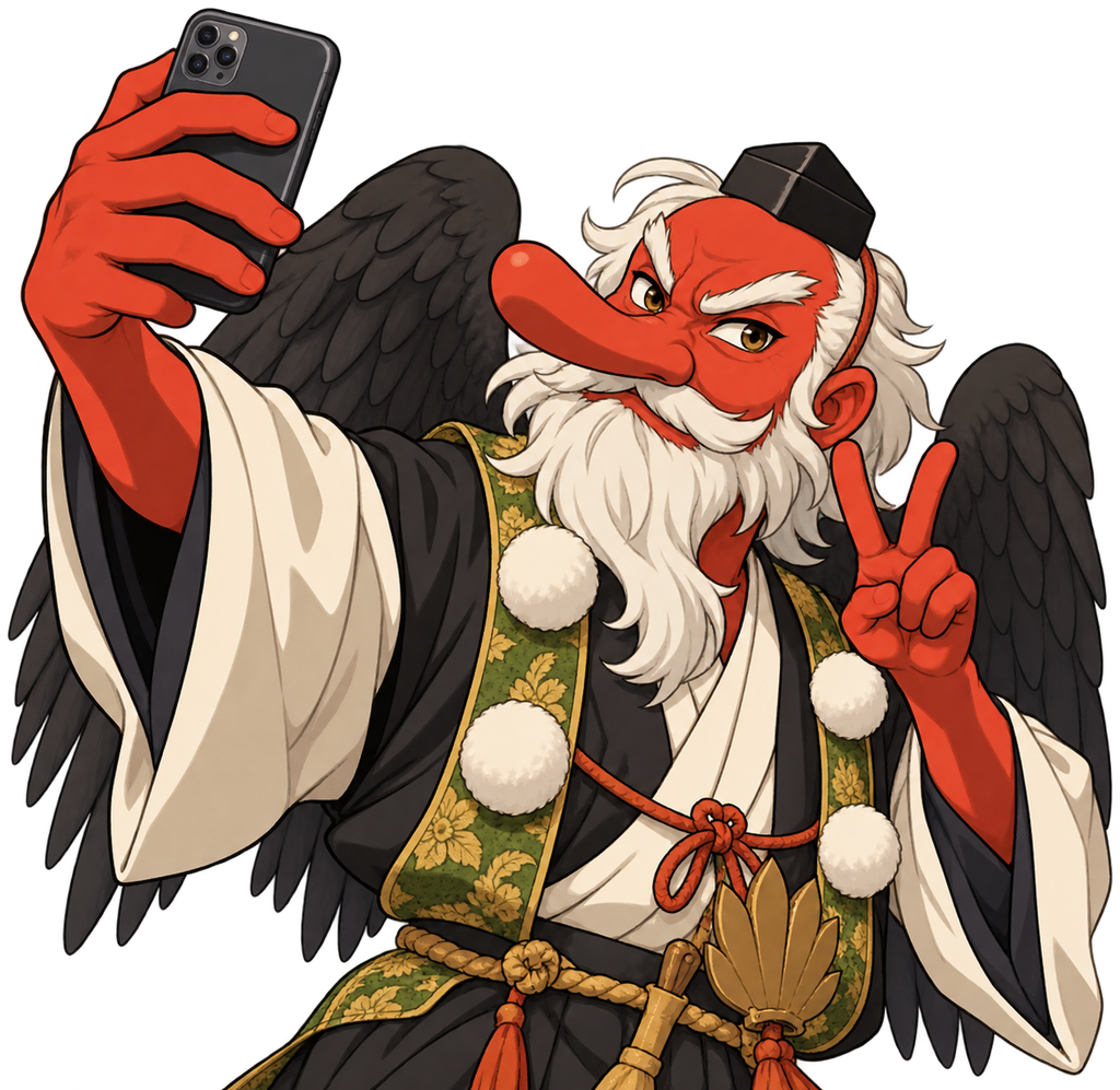 スマートフォンを片手に持ち、ピースサインをしながら自撮りする天狗のイラスト