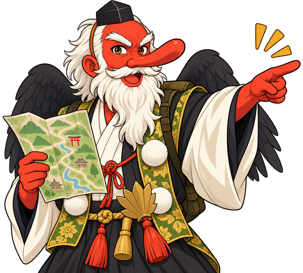 地図を片手に持ち、進む方向を指さして道案内をする天狗のイラスト