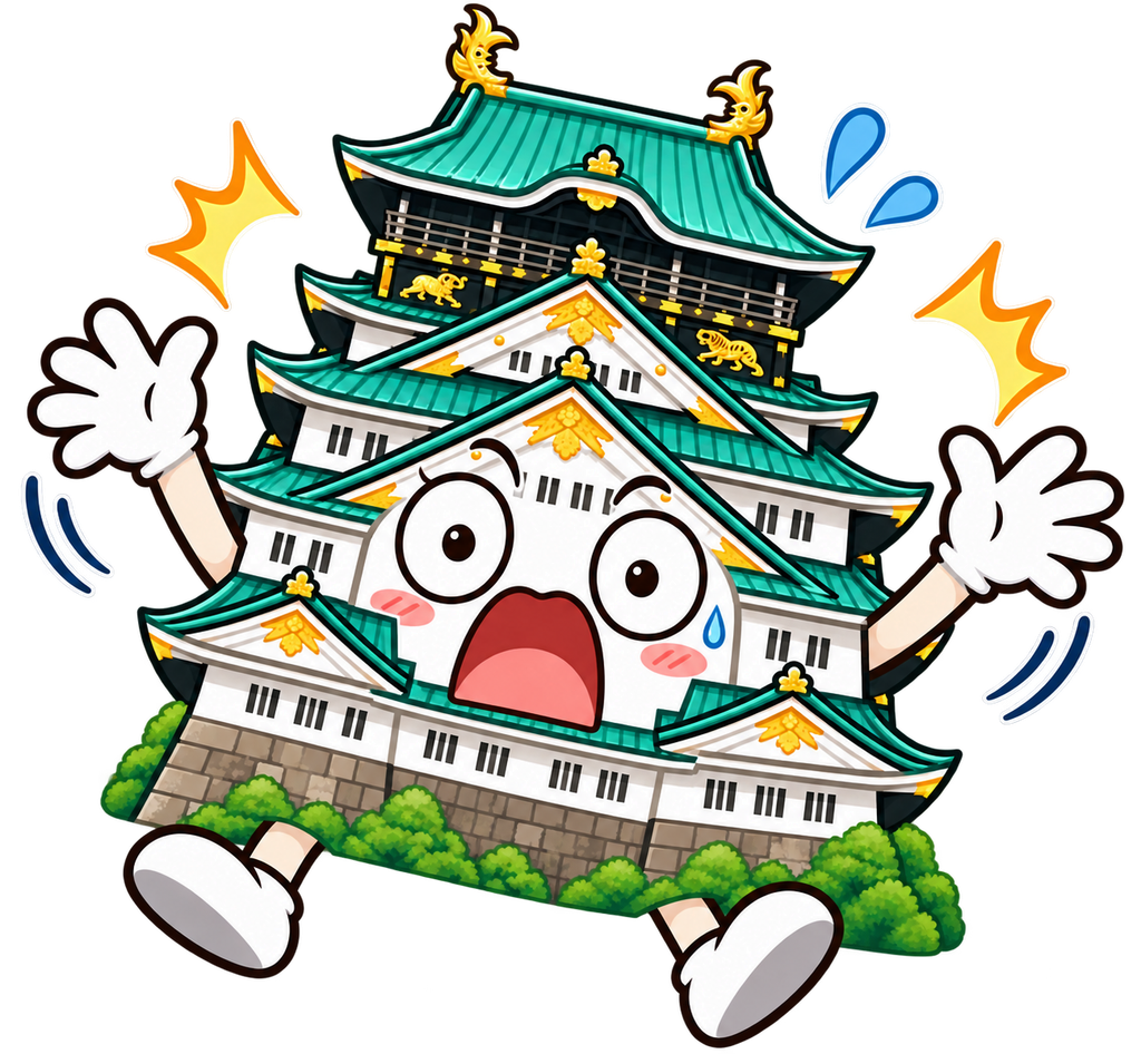 Transparent illustration of Osaka Castle looking surprised with wide eyes and both hands raised
