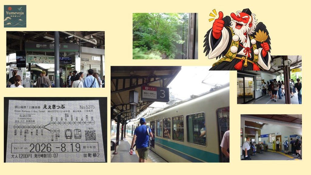叡山電車の出町柳駅、一日乗車券えぇきっぷ、電車と車窓、貴船口駅までの移動をまとめたコラージュ