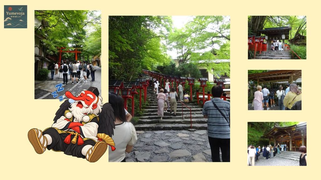 夏の貴船神社で、朱色の灯籠が並ぶ石段や参道、本宮を訪れる人々をまとめたコラージュ