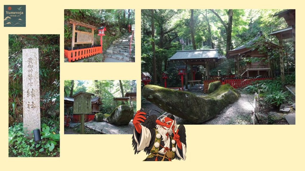 貴船神社の結社の石標、参道、境内の社と石、天狗の自撮りイラストをまとめたコラージュ