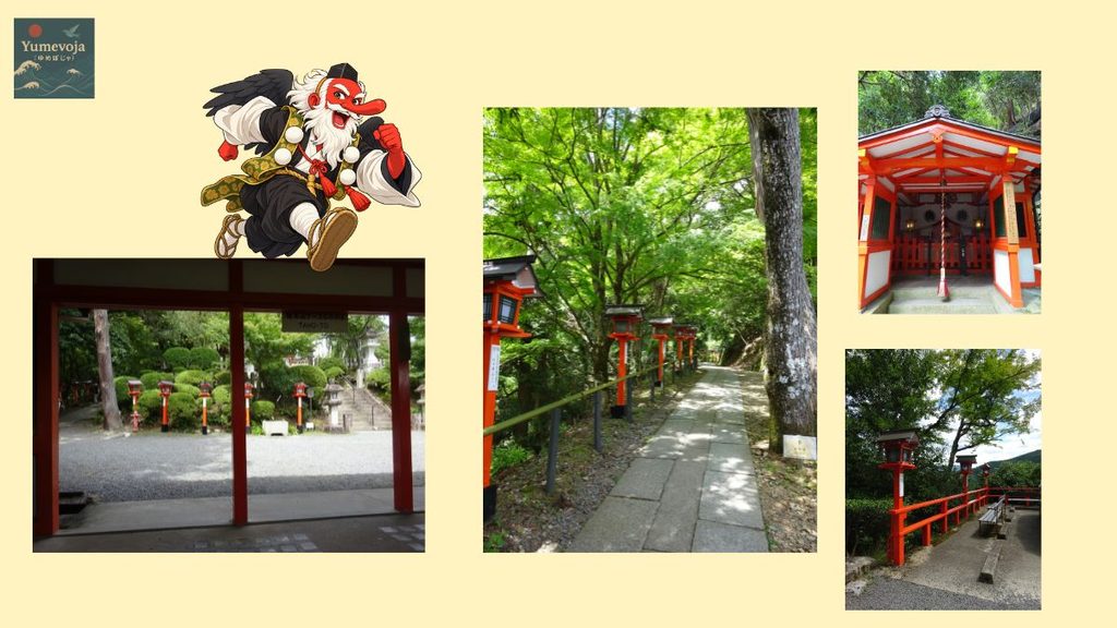 鞍馬寺のケーブルカーを降りたあと、本殿へ向かって朱色の灯籠が並ぶ参道を歩く様子をまとめたコラージュ