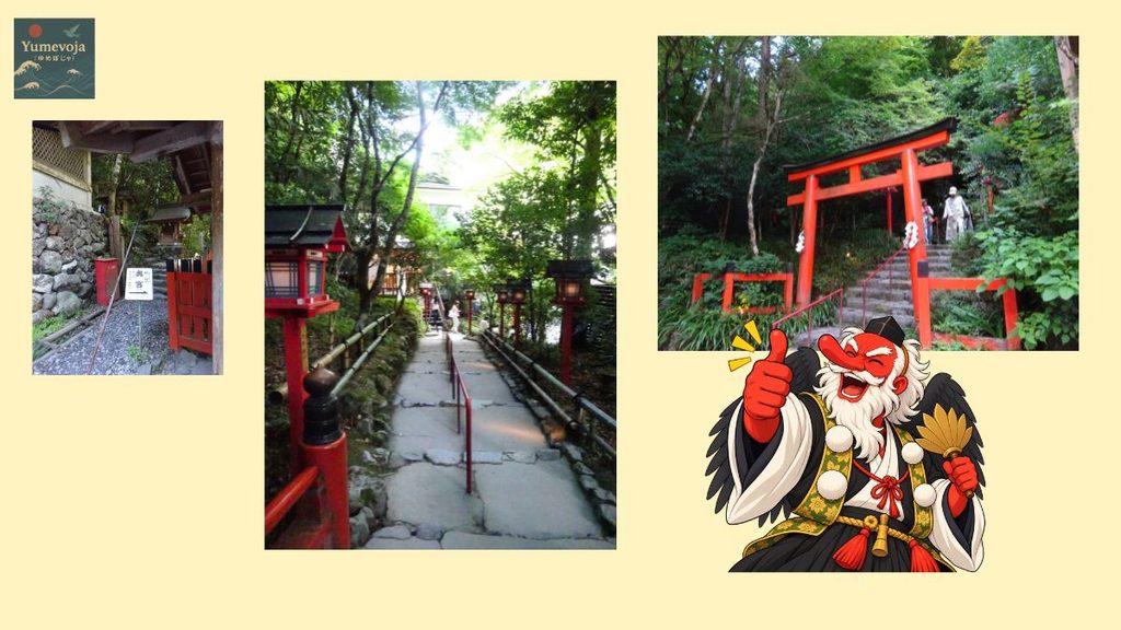 貴船神社本宮の先に続く参道、朱色の鳥居や灯籠と、山越え後に貴船を歩く様子をまとめたコラージュ