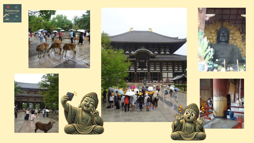 雨の奈良公園の鹿、東大寺南大門、大仏殿、大仏さま、柱くぐりと大仏キャラクターを組み合わせたコラージュ