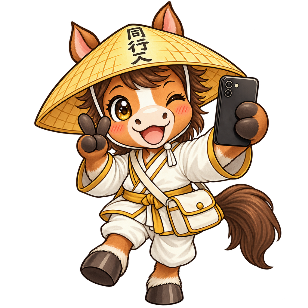 Illustration of a horse pilgrim taking a selfie with a smartphone and making a peace sign