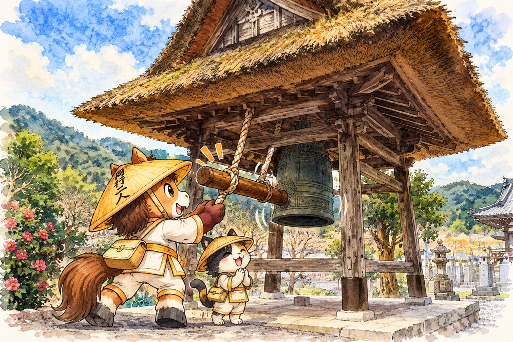 Watercolor-style illustration of a horse pilgrim ringing the bell at Butsumokuji’s thatched-roof bell tower while a traveling cat watches nearby