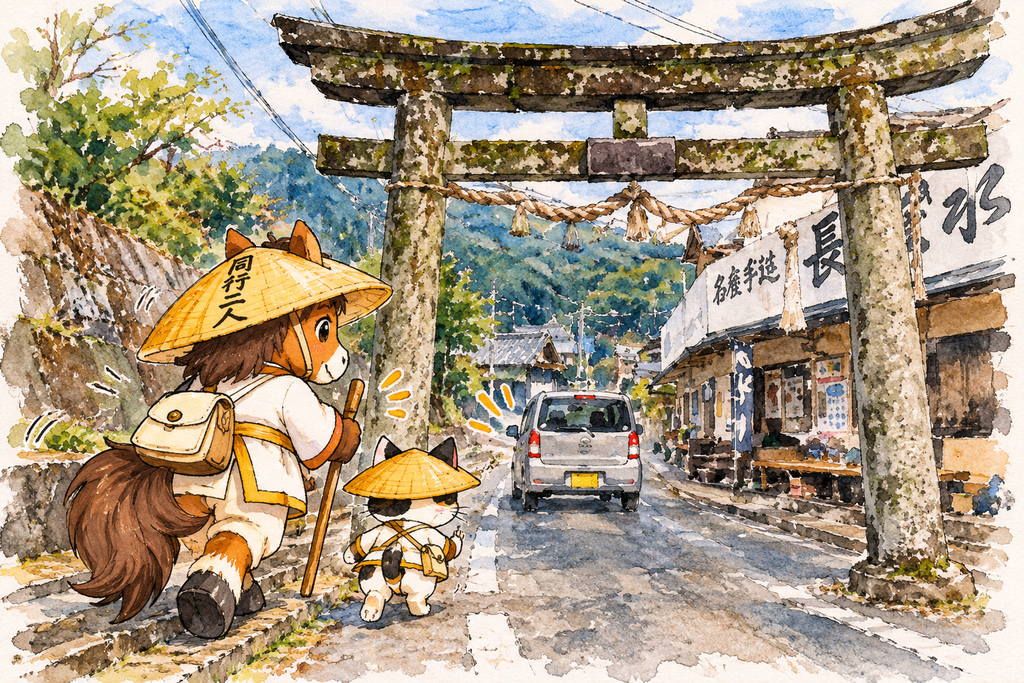 Watercolor-style illustration of a traveling cat and horse pilgrim walking along a narrow road toward Ryukoji while making way for a car