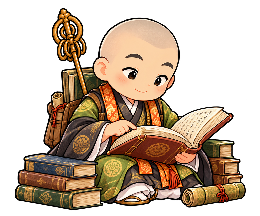 積み重ねた書物に囲まれ、開いた本を指でたどりながら熱心に調べ物をする最澄さんのイラスト。緑色の僧衣をまとった勉強熱心なお坊さん。背景透明。