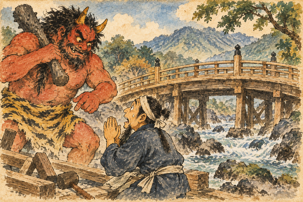 Illustration à l’aquarelle de style ancien du conte japonais Le Charpentier et Oniroku, montrant le charpentier face à l’oni près d’un pont au-dessus d’une rivière