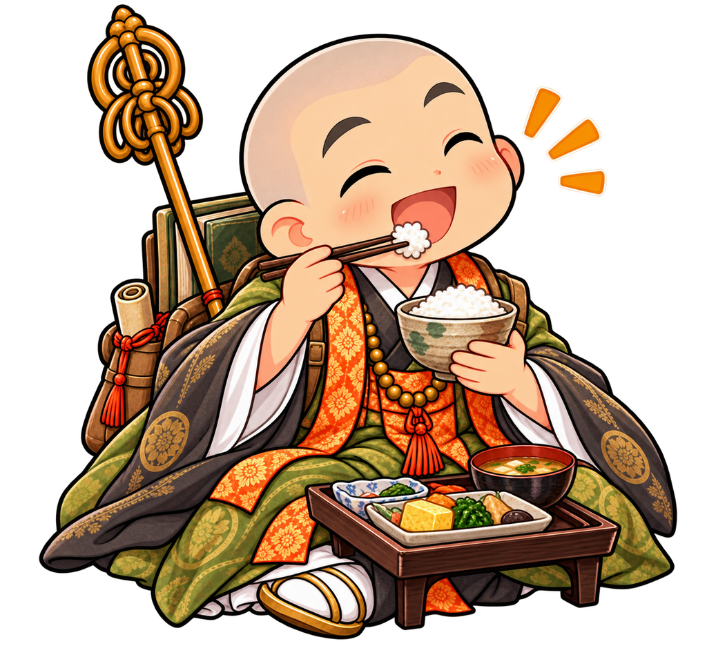 ご飯茶碗と箸を持ち、満面の笑顔で白いご飯を食べる最澄さんのイラスト。目の前には汁物やおかずを載せたお膳が並ぶ。背景透明。