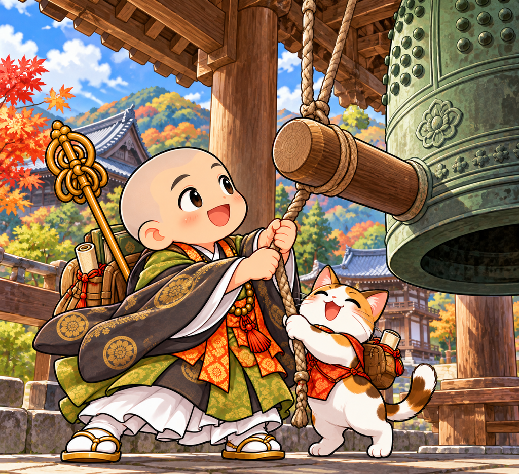 比叡山の鐘楼で、最澄さんをモチーフにしたかわいいお坊さんと旅する三毛猫が、一緒に鐘をつくイラスト。背景には紅葉と寺院が広がる。