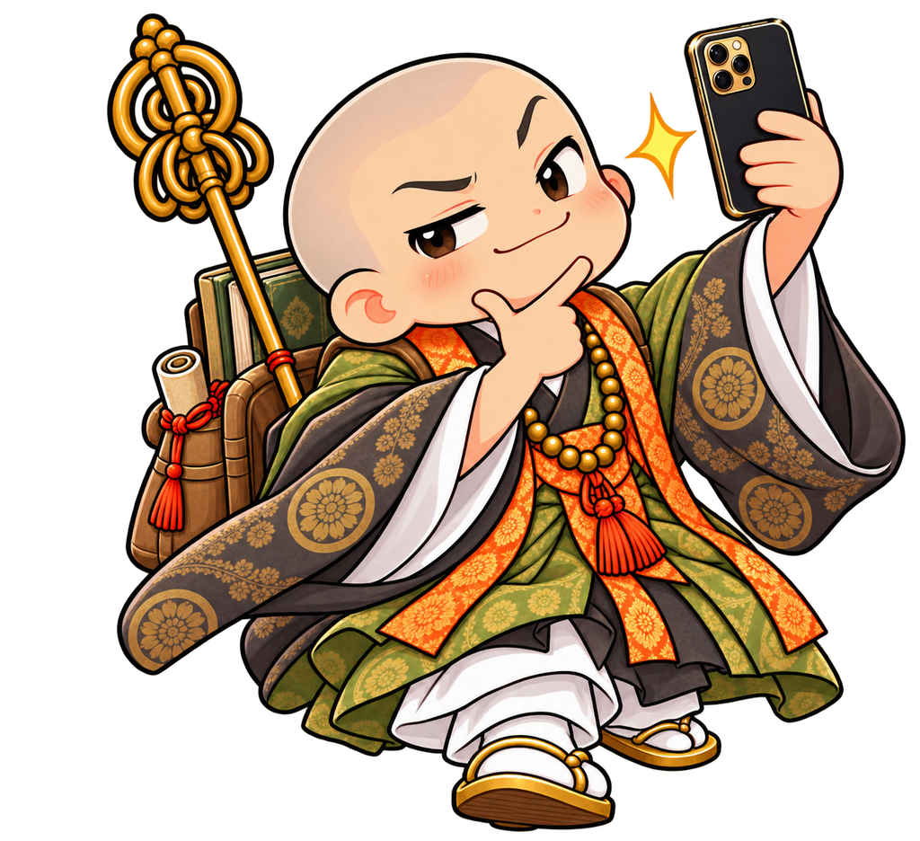 緑と橙色の僧衣をまとい、得意げな表情でスマートフォンを構えて自撮りする、最澄さんをモチーフにしたかわいいお坊さんのイラスト。背景透明。