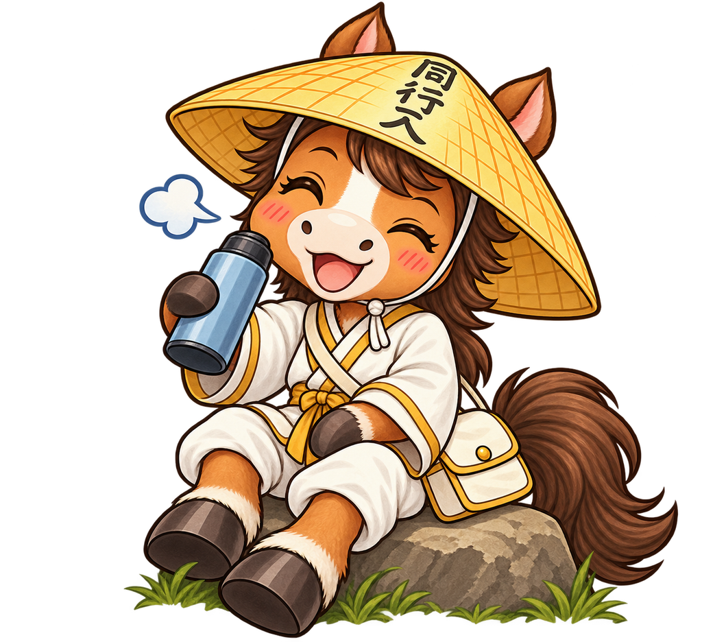 Illustration of a horse pilgrim sitting on a rock and taking a break with a water bottle
