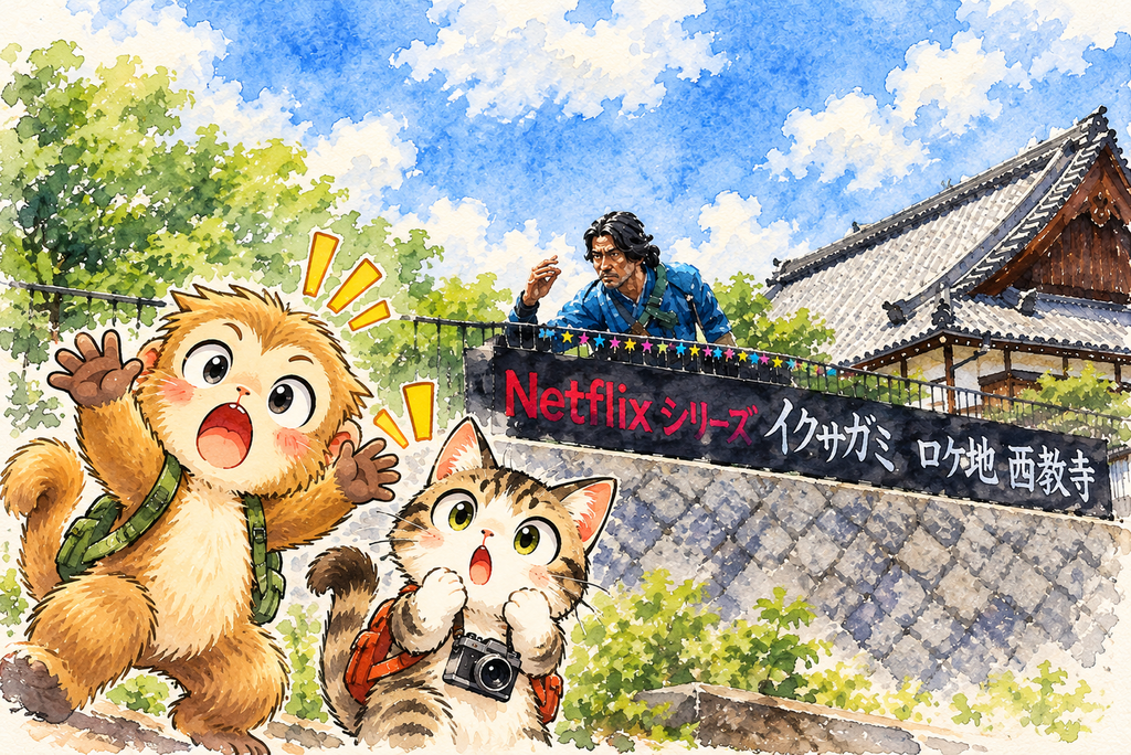 比叡山坂本の西教寺を背景に、Netflixシリーズ「イクサガミ」のロケ地看板を見て驚く猿と旅する猫の水彩画風イラスト。
